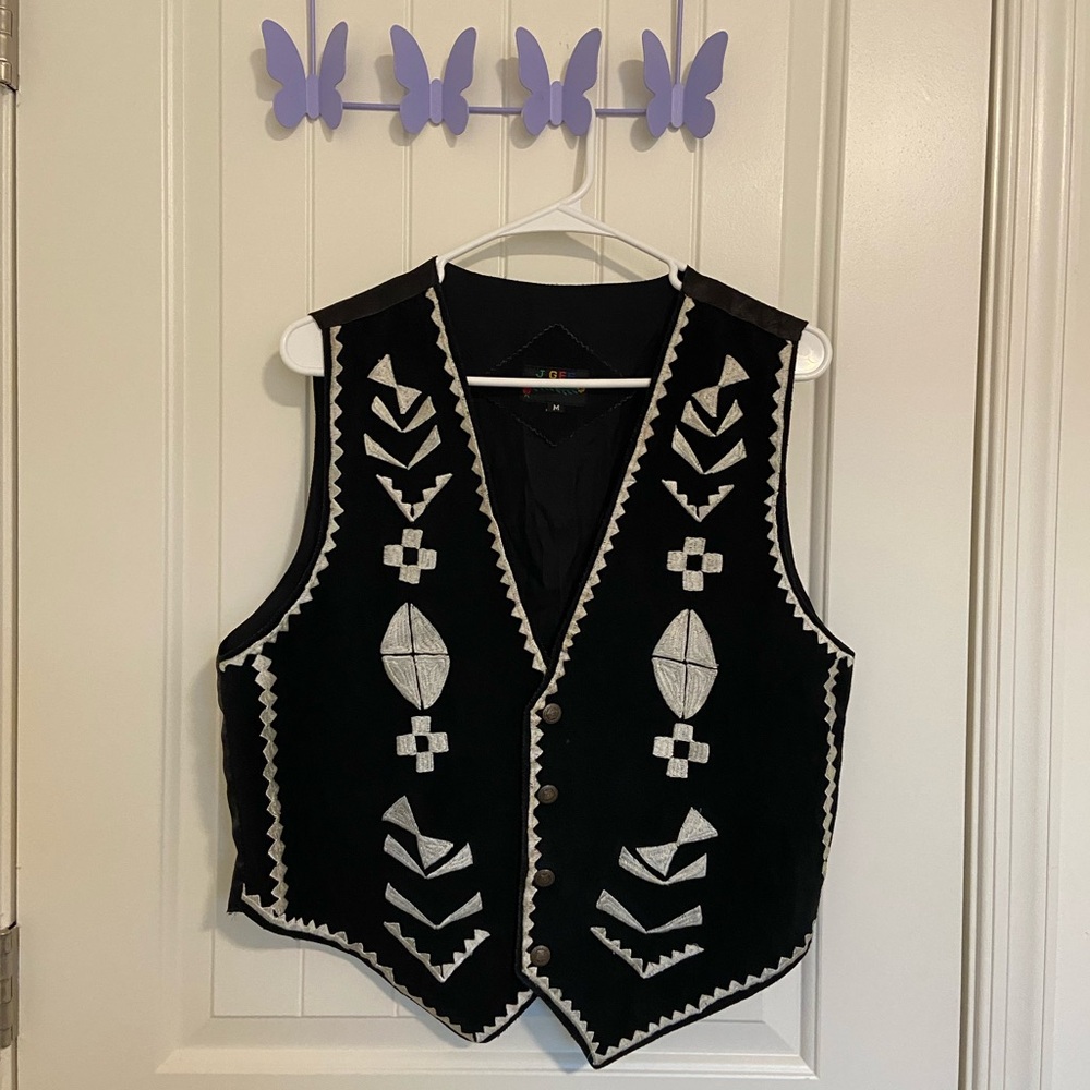 Vintage J. Gee Adult black tan cream‎ genuine leather embroidered button vest M